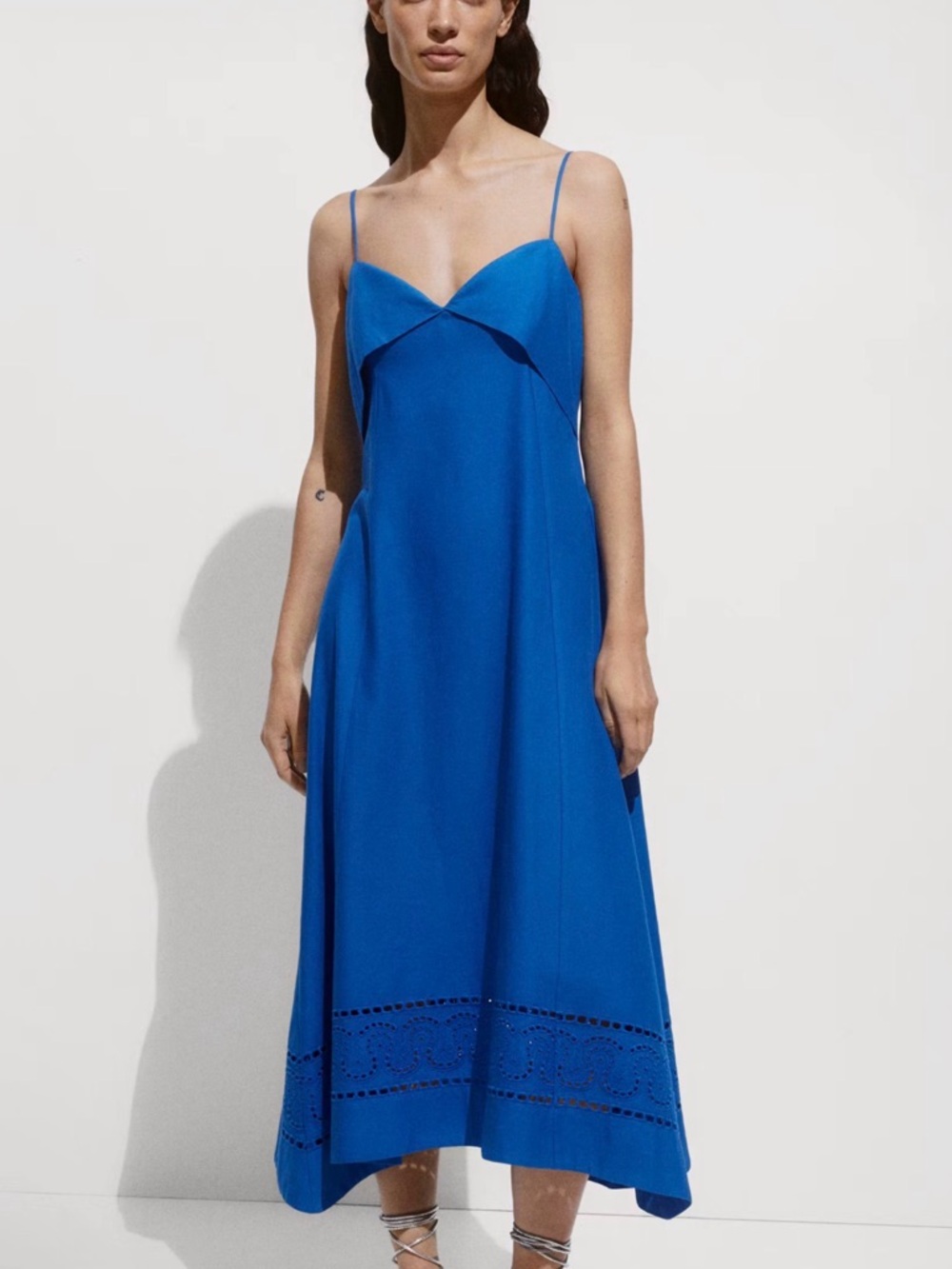 Mango linen cotton Sleeveless Spaghetti-Strap Blue Midi Dress Sz 8 NWT